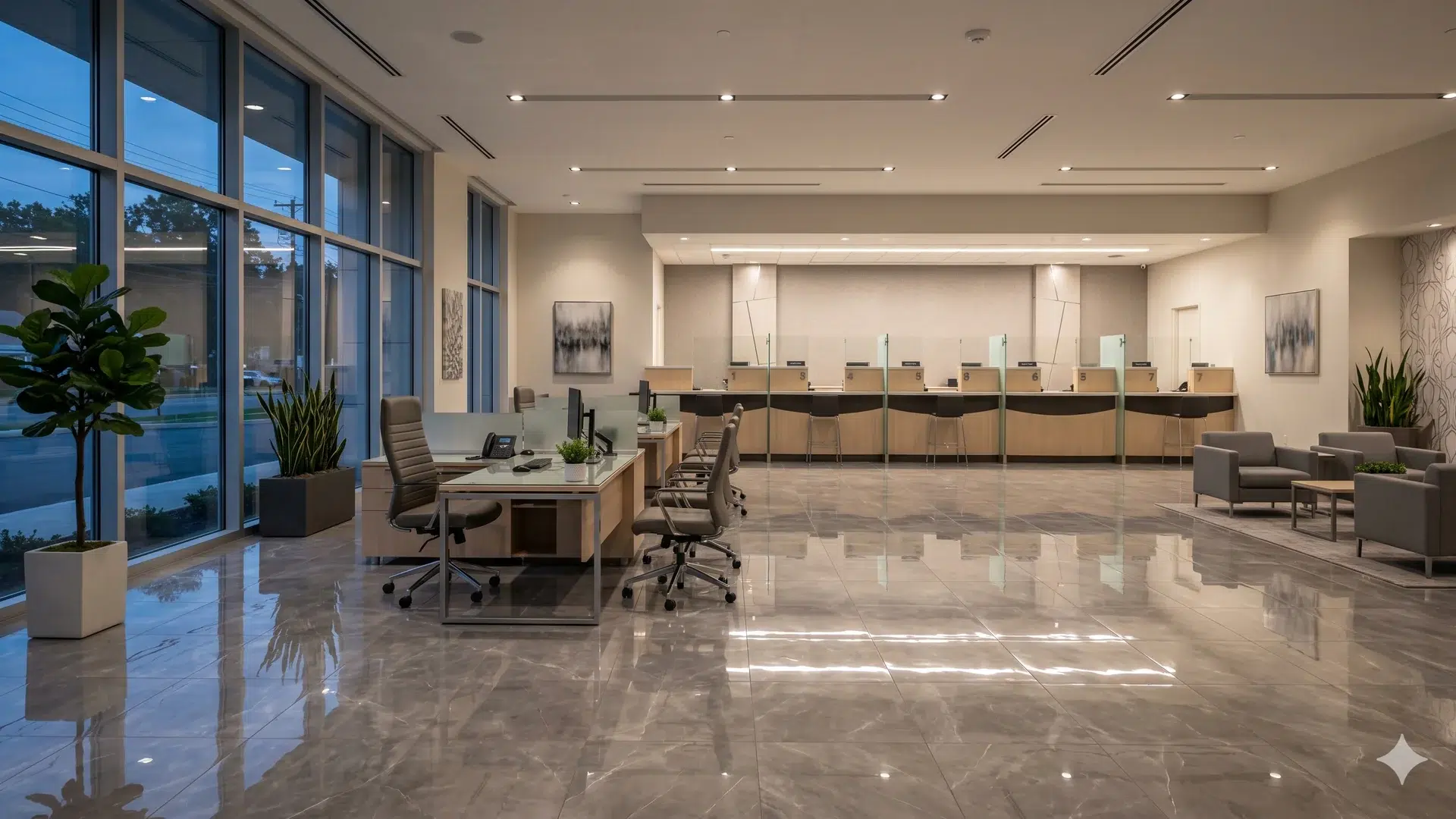Clean Long Island bank branch teller line at night