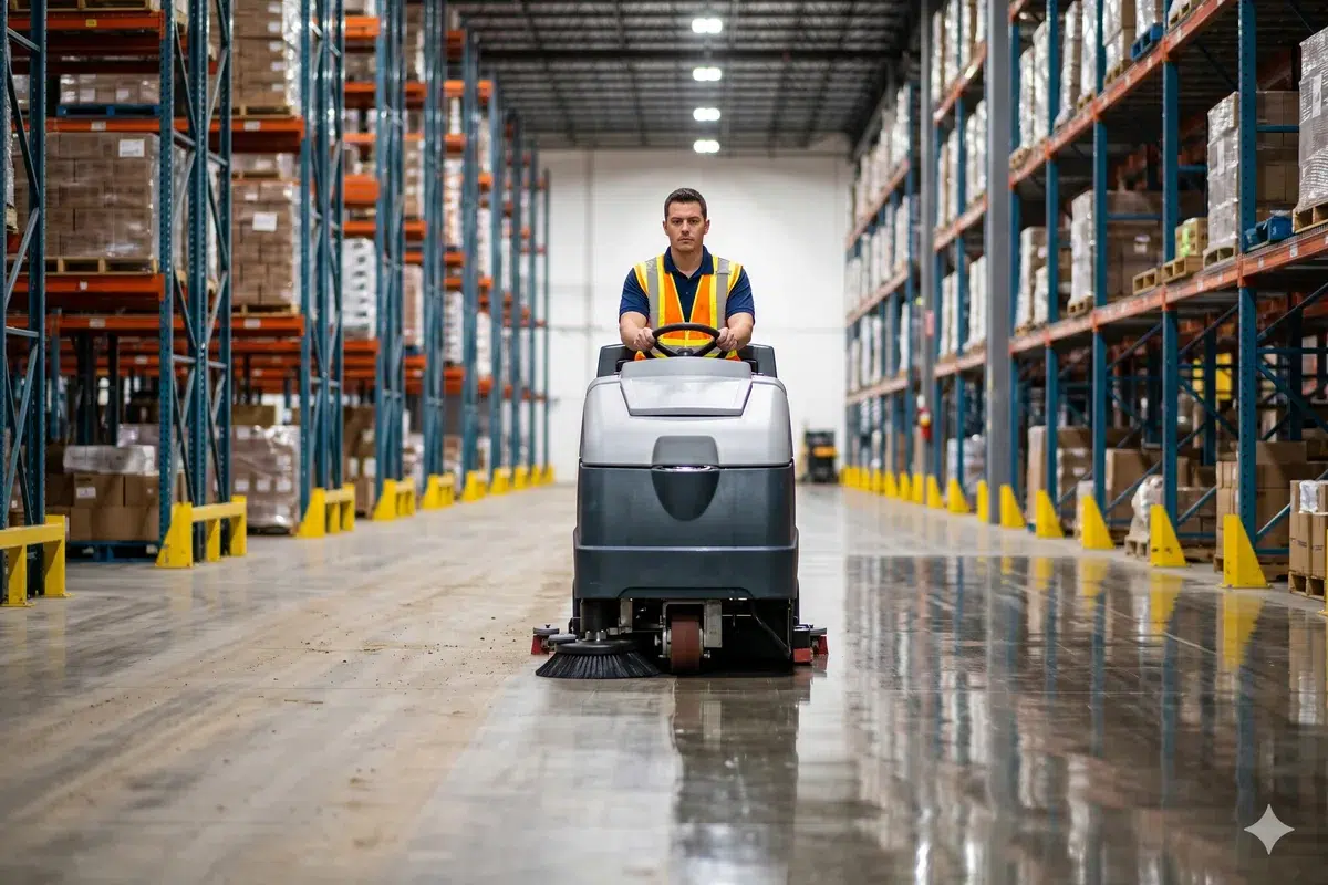 Ride-on auto-scrubber on a warehouse floor